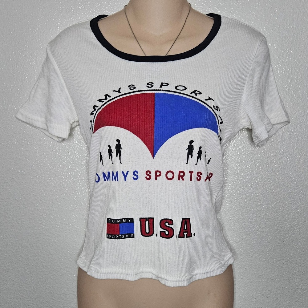Vintage Tommys Sports Air USA Ribbed Baby Tee White Ringer Graphic Shirt Medium‎